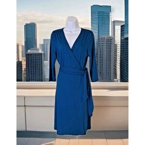 Banana Republic Wrap Dress M Blue 3/4 Sleeve V Neck Tie Stretch Career Office